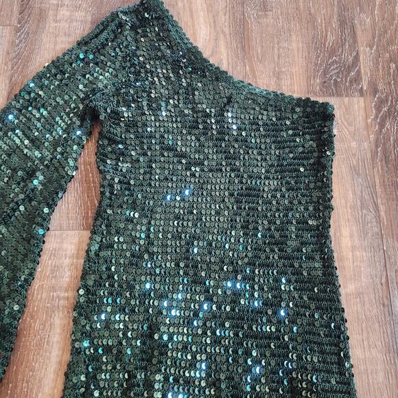 Retrofete Celeste Sequin Crochet Dress Green One Sleeve Slit Size XS/S - Picture 9 of 14